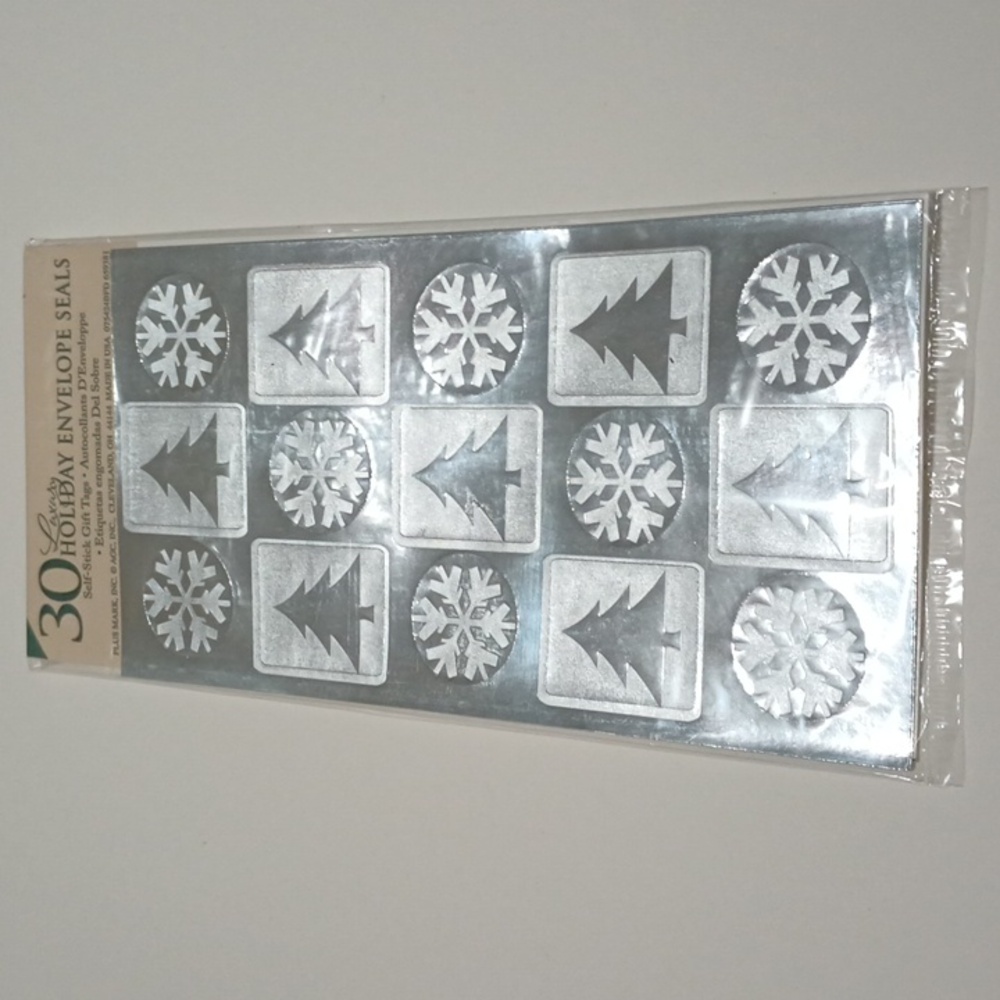 5/$15 30 Seals Metallic Silver Tree Snowflake Luxury Holiday Envelope Stickers